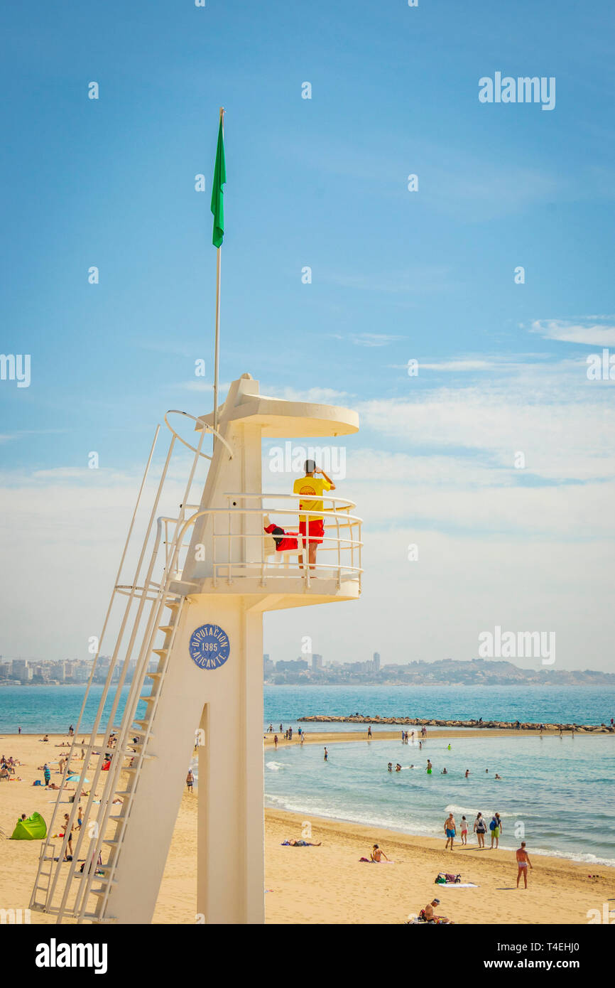 spanish lifeguard stands on lookout tower in front of El Postiguet