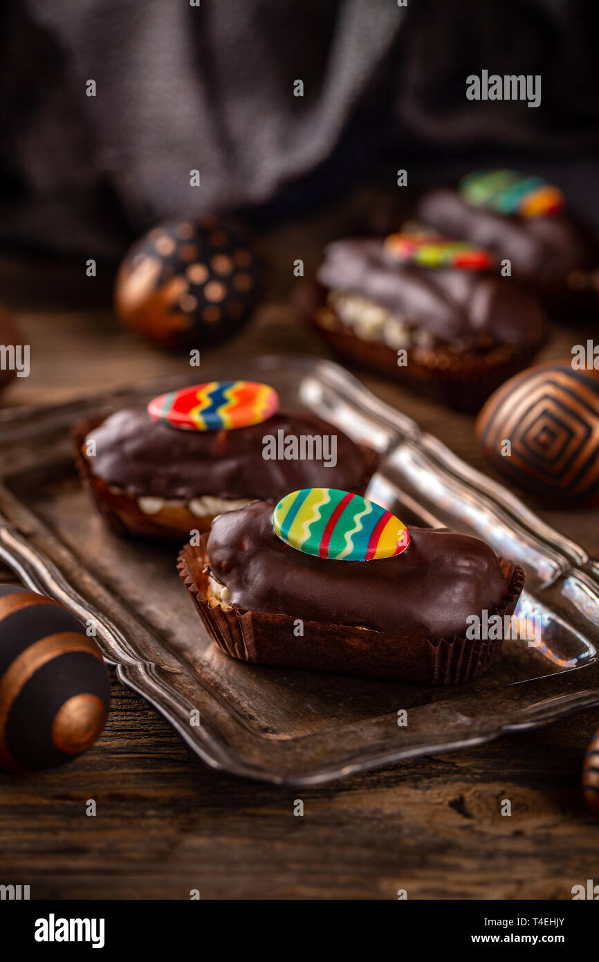 Mini chocolate cakes with Easter decoration Stock Photo
