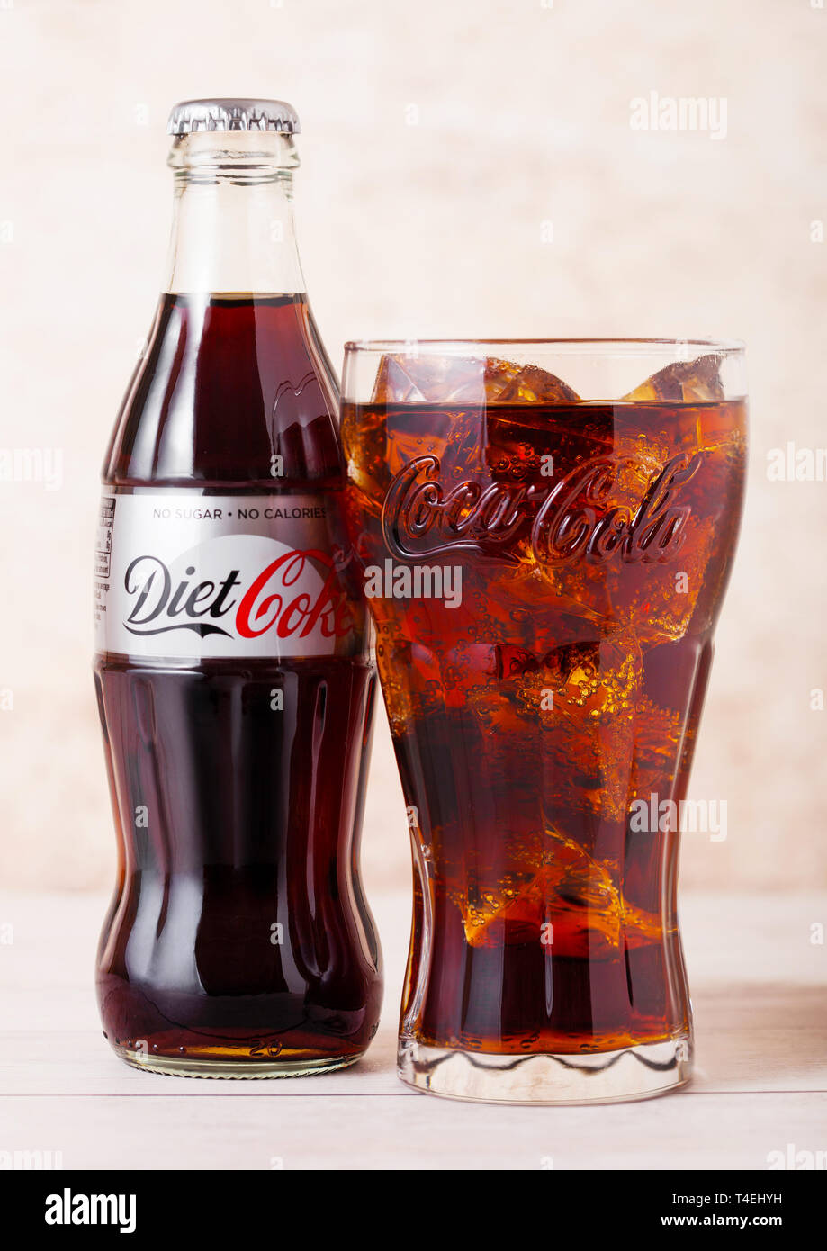 LONDON, UK AUGUST 03, 2018 Glass bottle and original glass of Diet