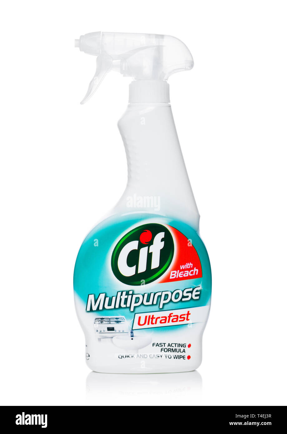 LONDON, UK - APRIL 15, 2019: Plastic spray bottle of CIF multipurpose ultrafast cleaner with bleach on white. Stock Photo