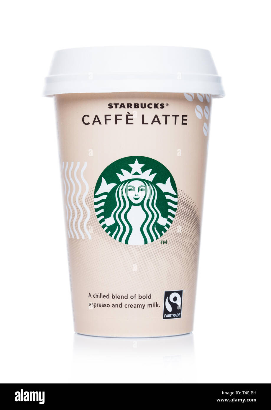 LONDON, UK - APRIL 15, 2019: Paper cup of Starbucks cold coffee. Caffe Latte on white. Stock Photo