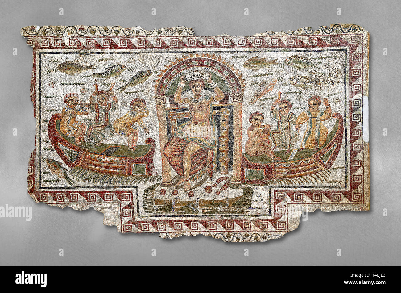 Late 4th century AD Roman mosaic panel of  Venus, Aphrodite, on a boat crowning herself accompanied by six dwarfs. From Cathage, Tunisia.  The Bardo M Stock Photo