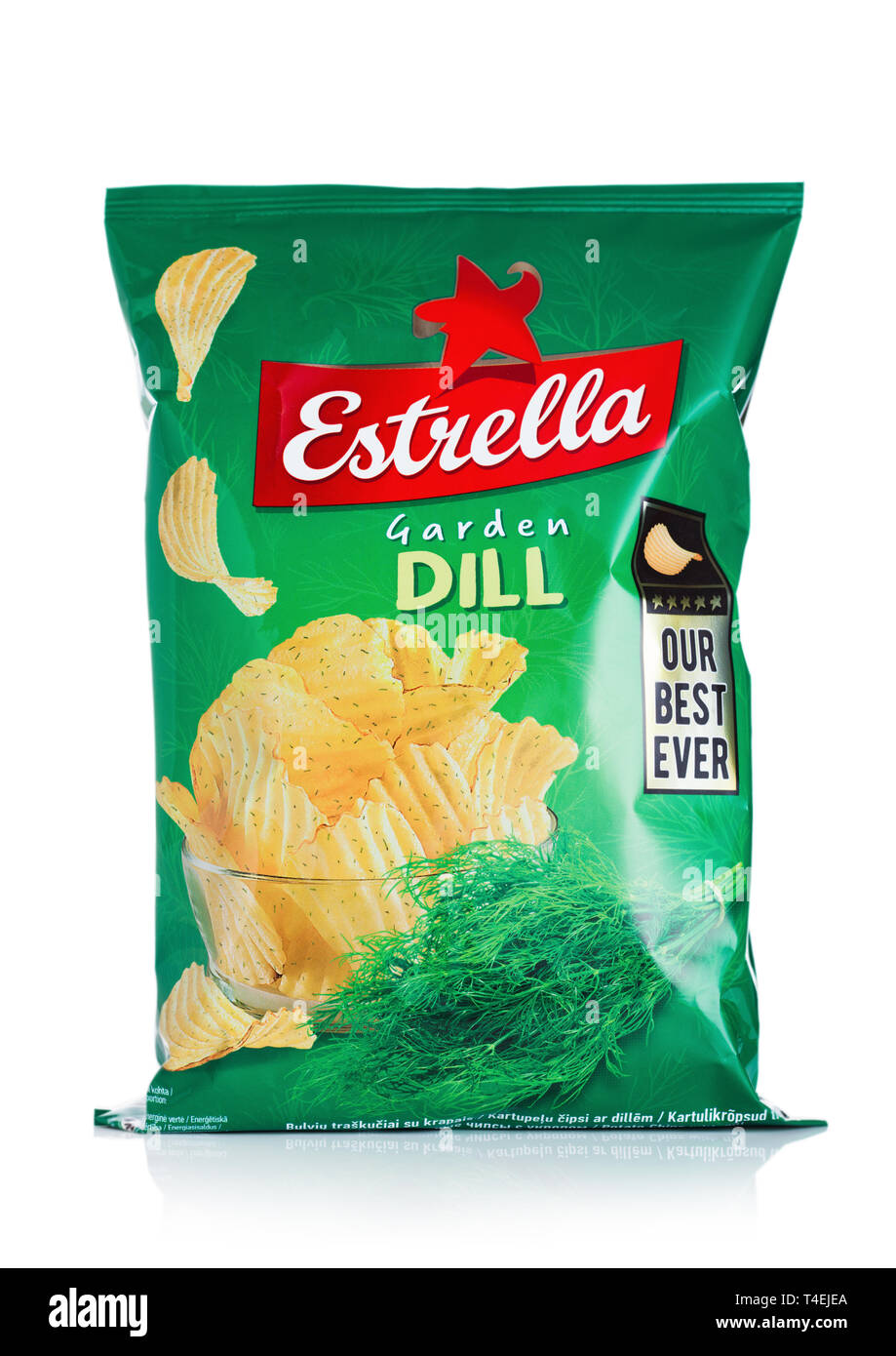 LONDON, UK - APRIL 15, 2019: Pack of Estrella crispy potato crisps chips with garden dill on white. Stock Photo