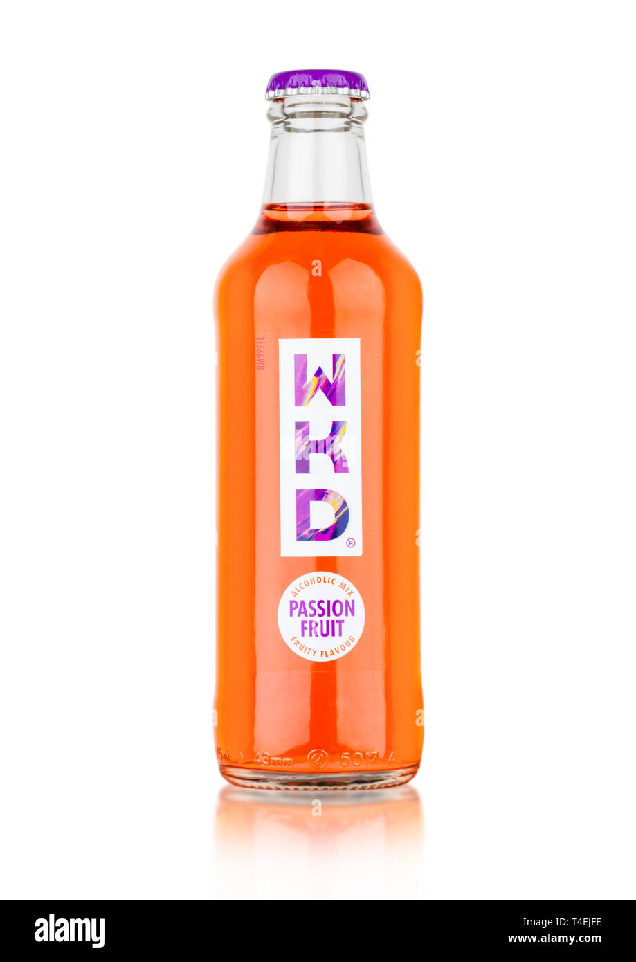 LONDON, UK - APRIL 15, 2019: Bottle of WKD alcoholic mix drink with passion fruit on white. Stock Photo