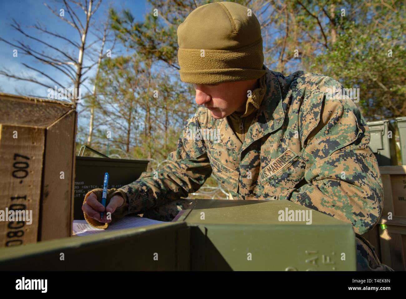 U.S. Marine Corps Lance Cpl. Landon Wallis with Ammunition Company, 2nd Supply Battalion, Combat Logistics Group 25, 2nd Marine Logistics Group, counts ammunition on Camp Lejeune, North Carolina, March 27, 2019. Ammo Co. constructed a Field Ammunition Supply Point in support of 2nd Marine Division to supply everything from 5.56 millimeter small arms to high explosive ordnance. Stock Photo