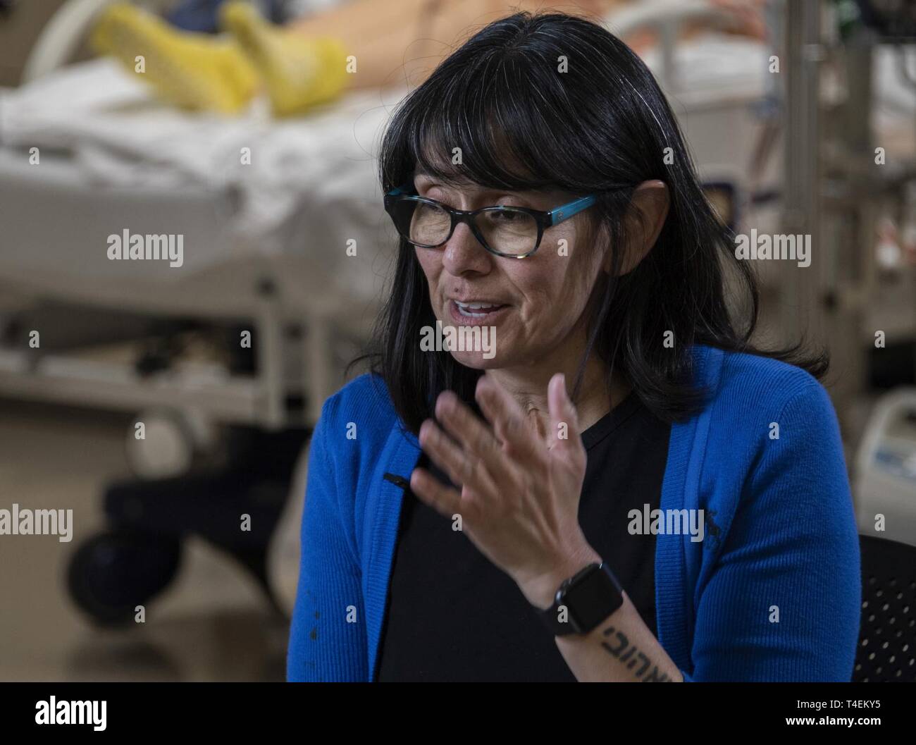 Rita Ibanez talks about her 2015 experience as an Extracorporeal Membrane Oxygenation patient at Brooke Army Medical Center, Fort Sam Houston, Texas, March 22, 2019. Ibanez was placed on ECMO for two weeks after a complication during recovery from stomach removal surgery. Stock Photo