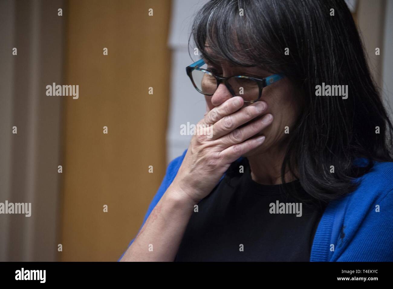 Rita Ibanez gets emotional while talking about her 2015 experience as an Extracorporeal Membrane Oxygenation patient at Brooke Army Medical Center, Fort Sam Houston, Texas, March 22, 2019. Ibanez reached out to BAMC via social media, because she wanted the opportunity to thank the medical professionals who cared for her and to see firsthand the machine that helped save her life. Stock Photo