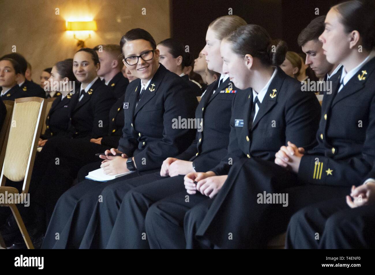 ANN ARBOR, Mi. (March 30, 2019) – Midshipmen participate in group discussion during the Women in Naval Service symposium hosted by the University of Michigan Naval Reserve Officers Training Corps unit at the Graduate hotel in Ann Arbor. This event was held in conjunction with the U.S. Navy's observation of Women's History Month and provided over 150 midshipmen from units across the country with the opportunity to interact and learn from female leaders serving across the fleet. Stock Photo