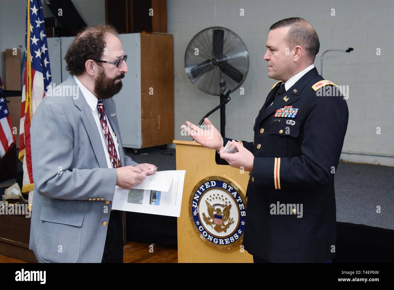 Col David Ray U S Army Corps Of Engineers Sacramento District Commander Speaks With Retired U S Navy Captain Robert Katin At Post 16 Of The American Legion In Stockton During A March 21
