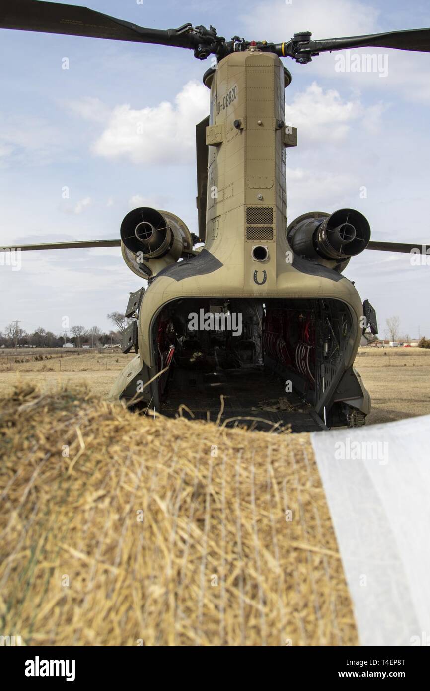 The Nebraska National Guard continued hay drop operations, April 1, 2019, supporting farmers and ranchers in need near Columbus and Scotia, Nebraska. Using a Ch-47 Chinook helicopter from Company B, 2-135th General Support Aviation Battalion, the Nebraska National Guard Soldiers picked up donated hay bales collected at the Nebraska State Fair Grounds in Grand Island and delivered them to farmers unable to move feed to their livestock after historic flooding damaged infrastructure and limited equipment movement. (Nebraska National Guard Stock Photo