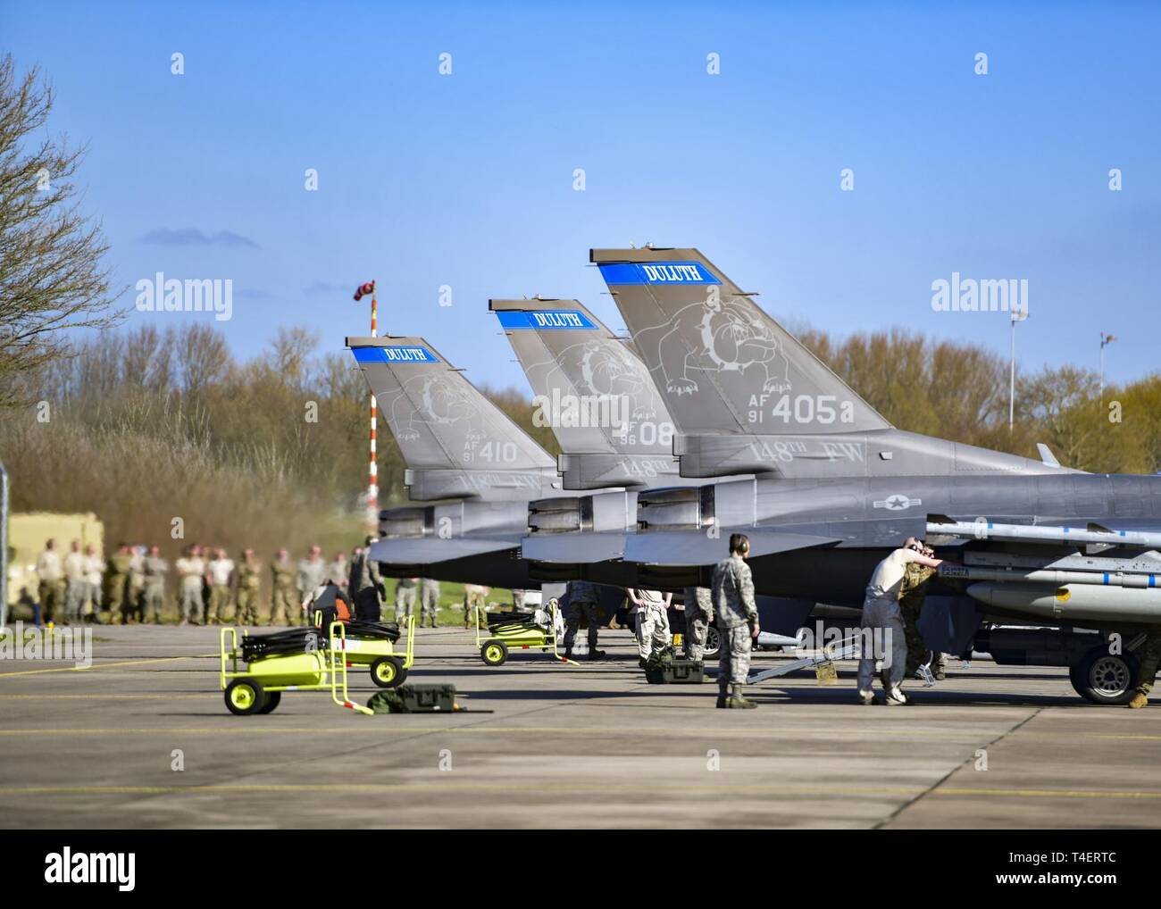 Airmen from the 148th Maintenance Group from the Duluth, Minn. based 148th Fighter Wing recovered and performed routine maintenance activities for five F-16 Aircraft for the 2019 Frisian Flag held at Leeuwarden Air Base, March 29, 2019.  Frisian Flag is a 12-day NATO partnership exercise in the Netherlands that will allow all international participants of the exercise to execute training on operational tactics in a global setting with multiple coalition partners like Germany, Poland, France, and the United States who are participating in this year’s event. Stock Photo