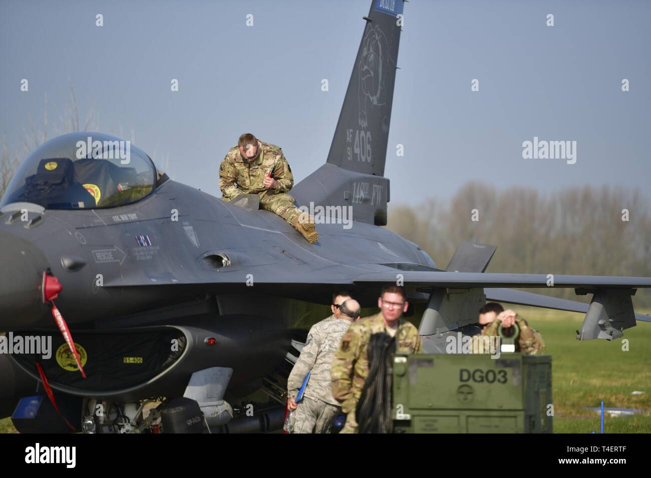 Airmen from the 148th Maintenance Group from the Duluth, Minn. based 148th Fighter Wing recovered and performed routine maintenance activities for F-16 Aircraft for the 2019 Frisian Flag held at Leeuwarden Air Base, March 30, 2019.  Frisian Flag is a 12-day NATO partnership exercise in the Netherlands that will allow all international participants of the exercise to execute training on operational tactics in a global setting with multiple coalition partners like Germany, Poland, France, and the United States who are participating in this year’s event. Stock Photo