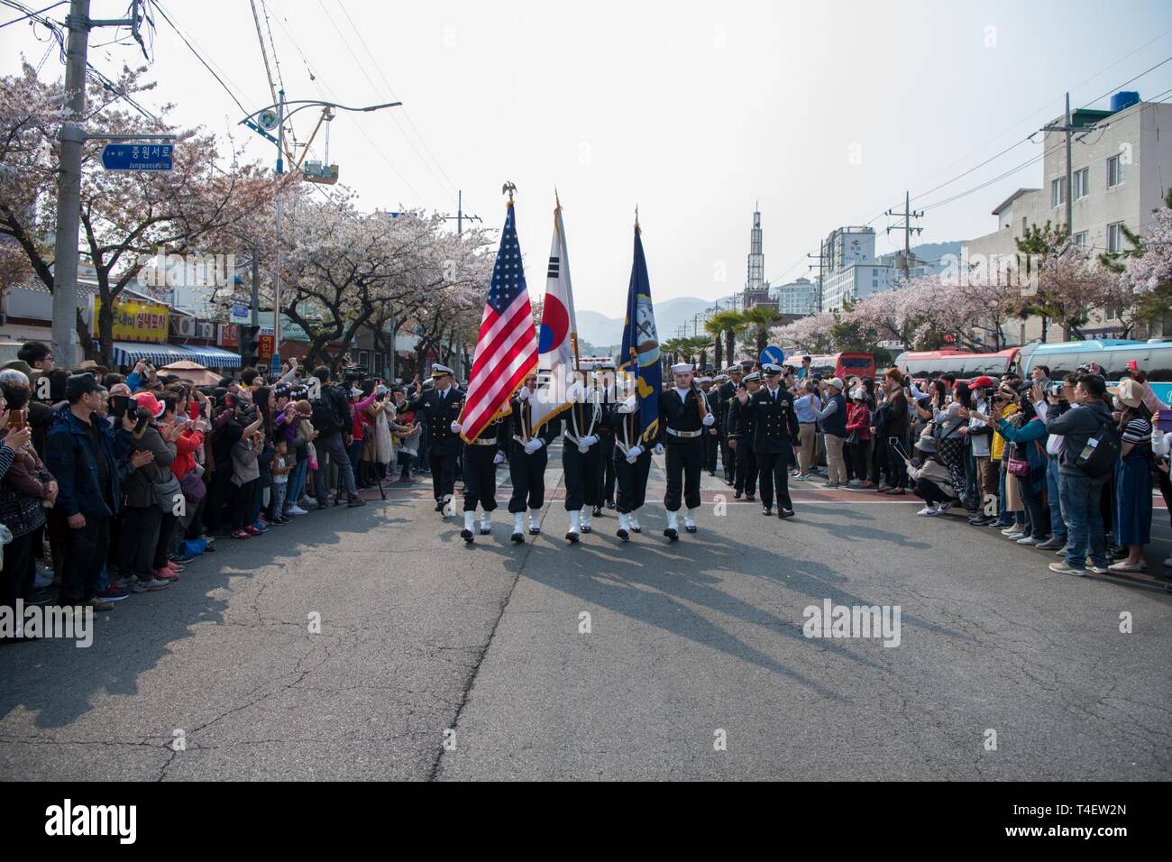 CHINHAE, Republic of Korea (April 05, 2019) Sailors assigned to Commander, Fleet Activities Chinhae (CFAC) march in the 57th annual Jinhae Gunhangje military port festival parade. The festival honors Admiral Yi Sun-sin, a great naval hero of Korea, whose victories still inform the fighting spirit of the ROK Navy. Stock Photo