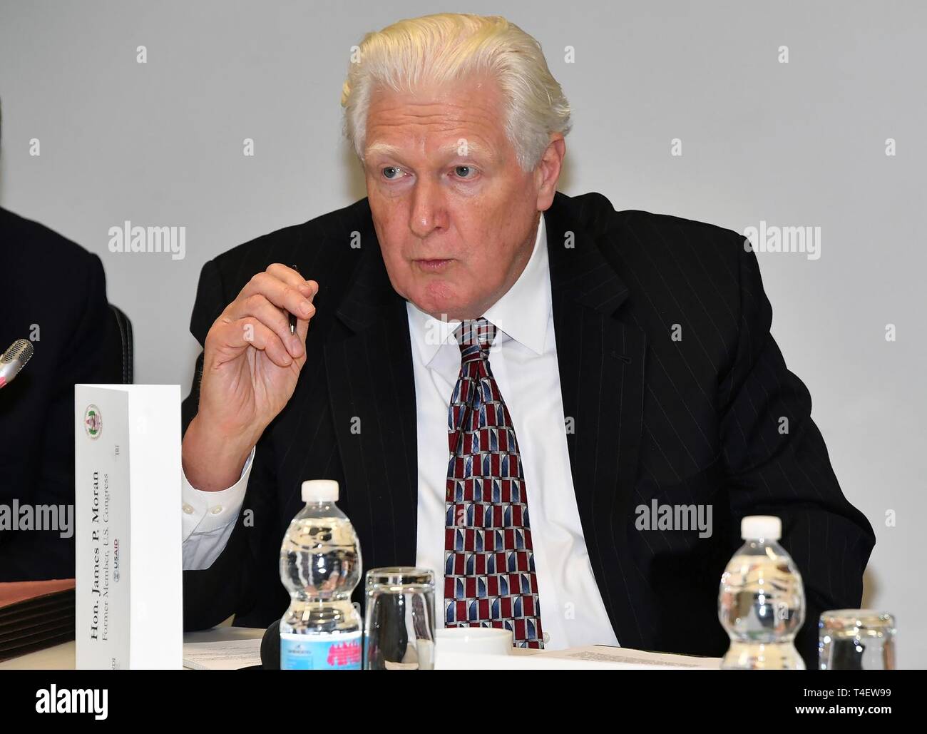 GARMISCH-PARTENKIRCHEN, Germany – Former Congressman Jim Moran talks about conducting effective bipartisan oversight on security sector during a parliamentary exchange focused on the oversight of security sector institutions and current issues to about 20 politicians from the Republic of Albania, Republic of Georgia, Kyrgyz Republic and Republic of North Macedonia March 19 at the Marshall Center. (DOD Stock Photo