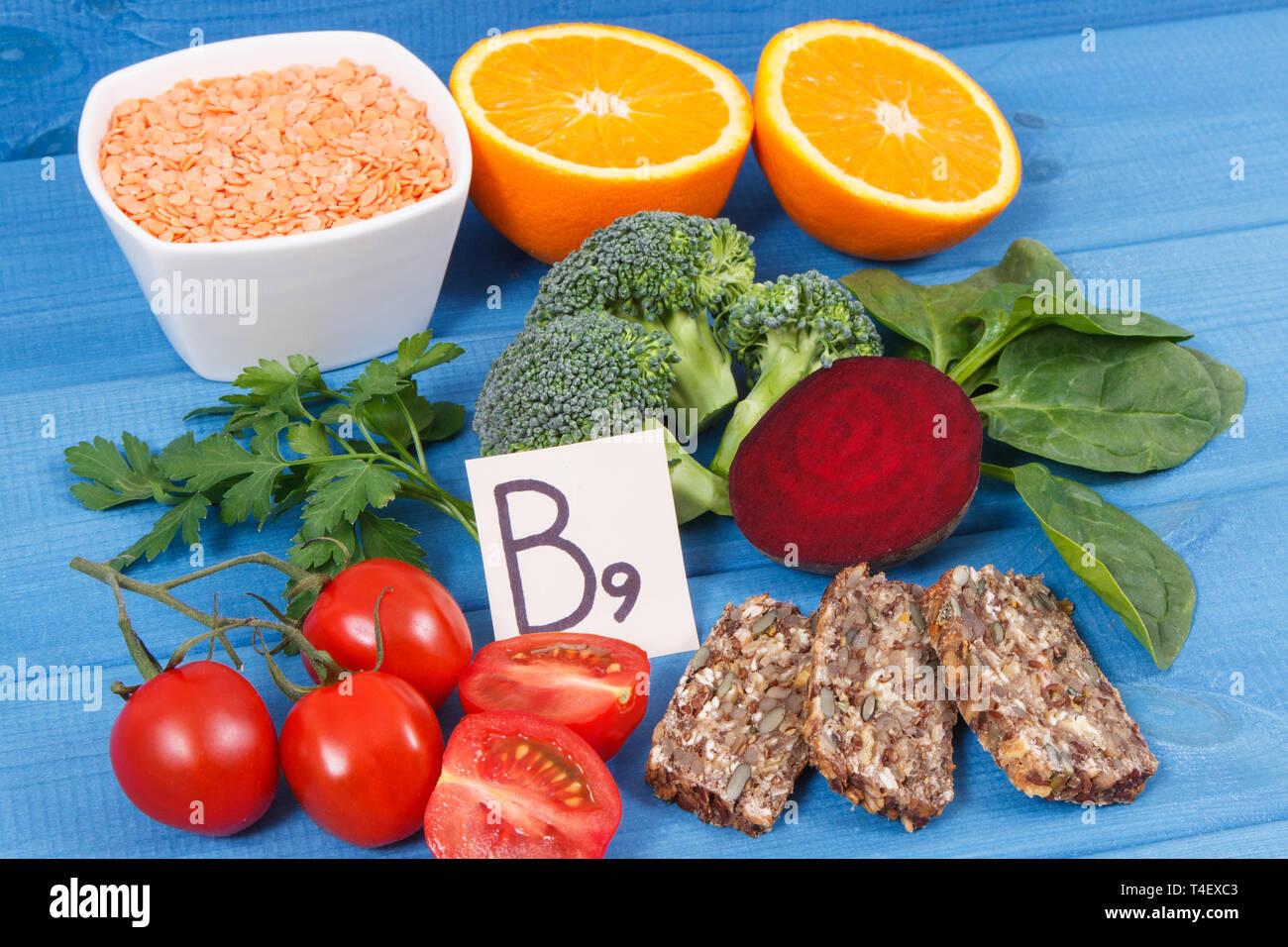 Nutritious different ingredients containing vitamin B9, dietary fiber, natural minerals and folic acid, concept of healthy nutrition Stock Photo