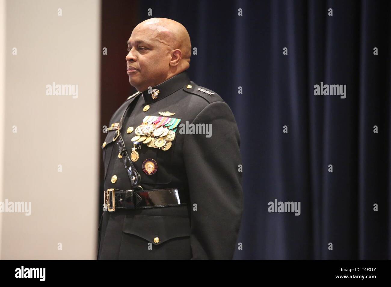 Lieutenant General Vincent R. Stewart stands at attention during his retirement ceremony at Marine Barracks Washington D.C., Apr. 5, 2019. Lt. Gen. Stewart, Deputy Commander at United States Cyber Command, retired after more than 40 years of dedicated and faithful service to our Corps. Stock Photo