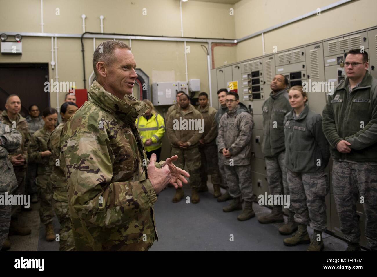 Maj. Gen. James Dawkins Jr., Eighth Air Force and Joint-Global Strike Operations Center commander, speaks with members of the Bomber Task Force logistics readiness team at RAF Fairford, England, April 4, 2019. Dawkins visited different sections of the base during U.S. Strategic Command’s Bomber Task Force in Europe to talk to Airmen and address any questions they had. Stock Photo