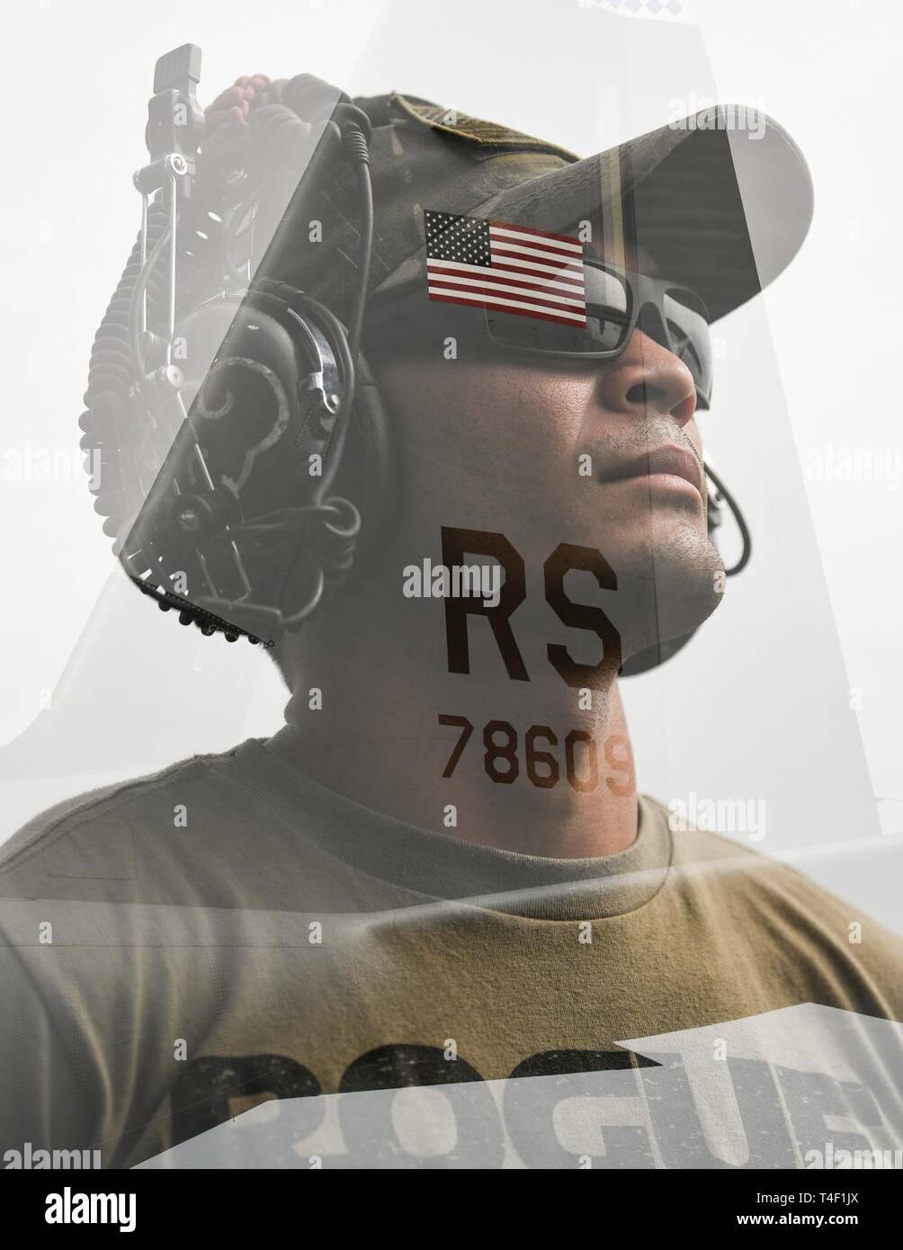 U.S. Air Force Staff Sgt. Joshua Obena, an aircraft maintainer assigned to the 75th Expeditionary Airlift Squadron, Combined Joint Task Force-Horn of Africa (CJTF-HOA), stands for an in-camera double exposure portrait at Maputo International Airport, Mozambique, March 27, 2019, for the U.S. Department of Defense’s relief effort in the Republic of Mozambique and surrounding areas following Cyclone Idai. Teams from CJTF-HOA, which is leading DoD support to relief efforts in Mozambique, began immediate preparation to respond following a call for assistance from the U.S. Agency for International D Stock Photo