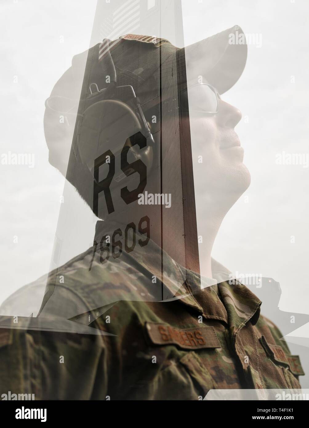 U.S. Air Force Staff Sgt. Greg Sanders, an aircraft maintainer assigned to the 75th Expeditionary Airlift Squadron, Combined Joint Task Force-Horn of Africa (CJTF-HOA), stands for an in-camera double exposure portrait at Maputo International Airport, Mozambique, March 27, 2019, for the U.S. Department of Defense’s relief effort in the Republic of Mozambique and surrounding areas following Cyclone Idai. Teams from CJTF-HOA, which is leading DoD support to relief efforts in Mozambique, began immediate preparation to respond following a call for assistance from the U.S. Agency for International D Stock Photo