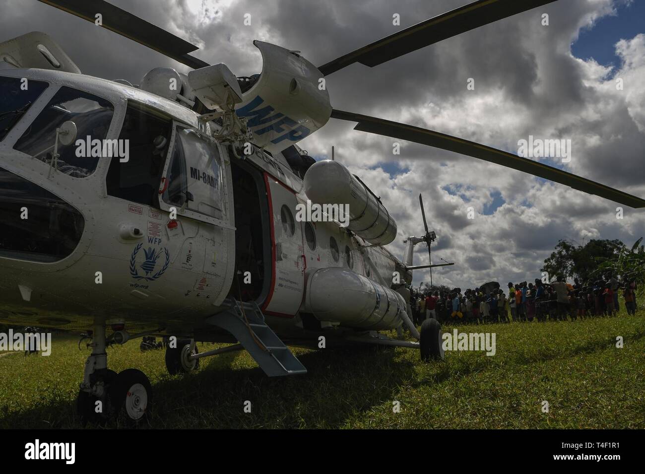 The World Food Programme, the food-assistance branch of the United Nations, transports relief supplies by helicopter from Beira Airport to Bebedo, Mozambique, April 8, 2019, during humanitarian relief efforts in the Republic of Mozambique and surrounding areas following Cyclone Idai. Teams from Combined Joint Task Force-Horn of Africa, which is leading U.S. Department of Defense support to relief efforts in Mozambique, began immediate preparation to respond following a call for assistance from the U.S. Agency for International Development’s Disaster Assistance Response Team. Stock Photo