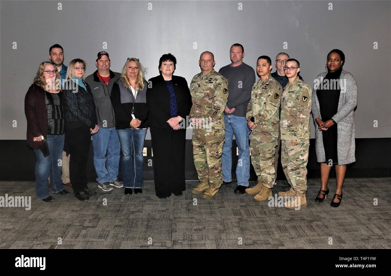 Ten Fort McCoy military and civilian personnel were recognized April 3, 2019, in building 220 at Fort McCoy, Wis., for excellence by the Installation Management Command (IMCOM) Readiness Division Director Brenda Lee McCullough and Command Sgt. Maj. Roy Rocco, IMCOM Readiness Division command sergeant major. Pictured are (from left): Brenda Downing, housing management assistant with the Directorate of Public Works (DPW) Housing Division; Zachery Hynes, DPW housing manager; Susan Bussert, DPW management assistant; Tom Brennen, DPW work order assistant; Tammy Erickson, DPW work order assistant;   Stock Photo