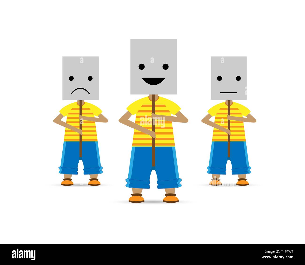 People in masks with different states of the soul. Smile, sadness, indifference. Vector illustration Stock Vector