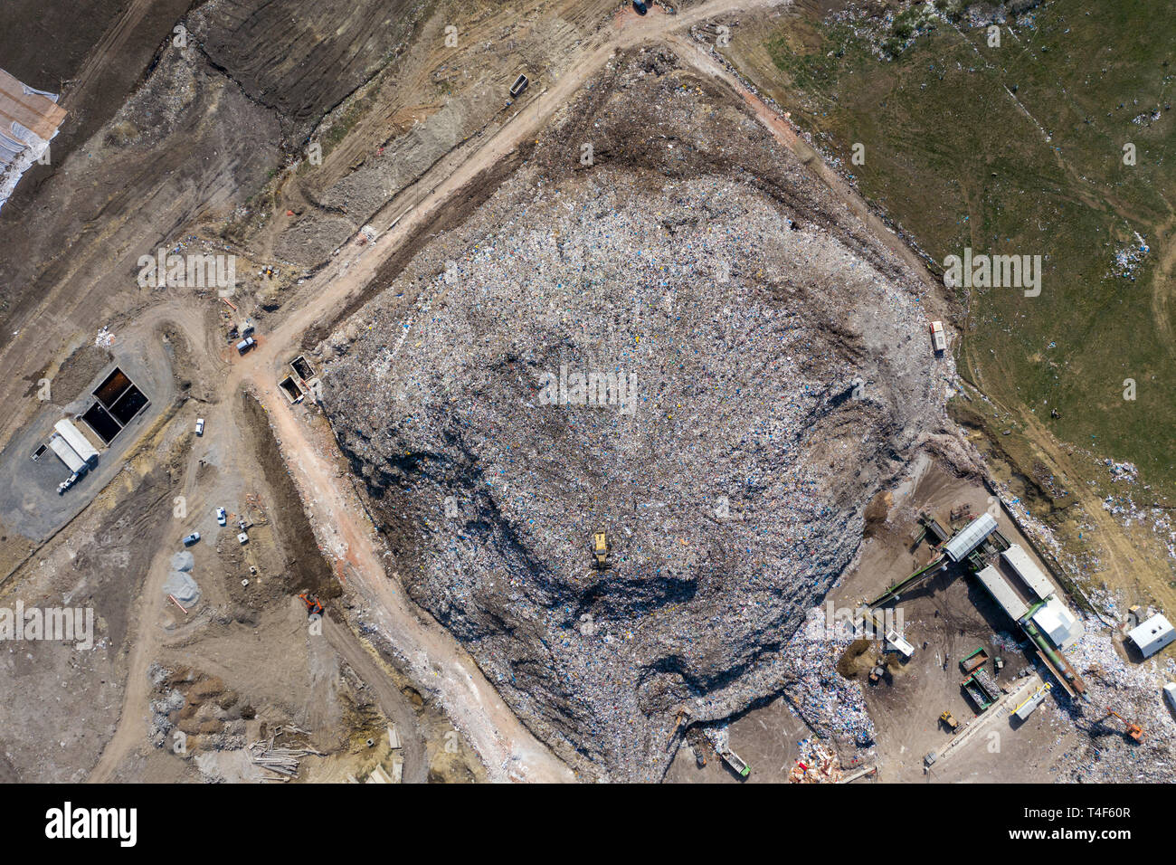 Aerial top drone view of large garbage pile, trash dump, landfill