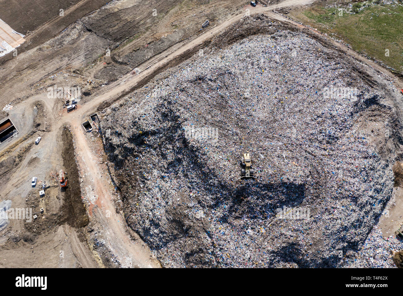 Aerial top drone view of large garbage pile, trash dump, landfill