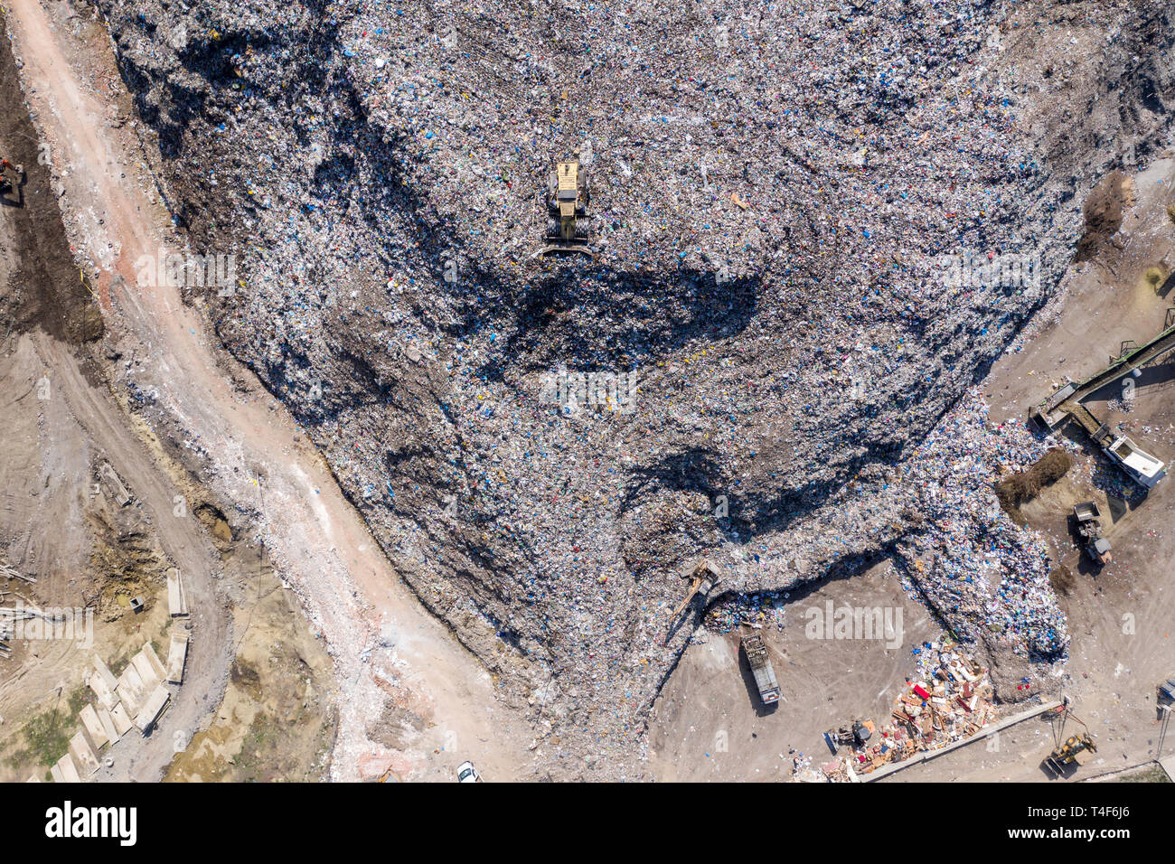 Aerial top drone view of large garbage pile, trash dump, landfill