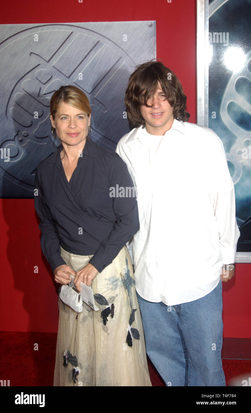 LOS ANGELES, CA. March 30, 2004: Actress LINDA HAMILTON & son at the Los Angeles premiere of Hellboy. Stock Photo