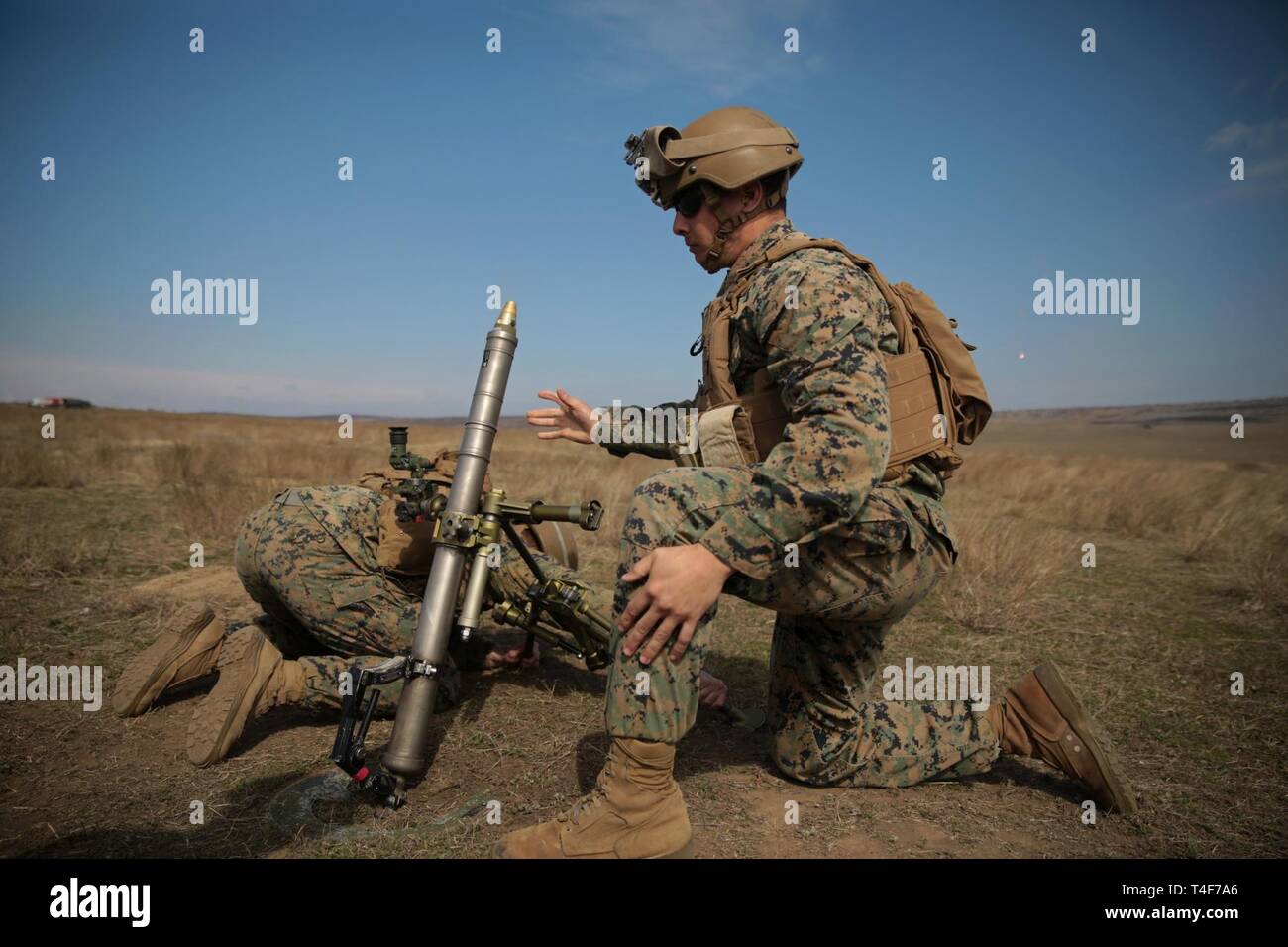 U.S. Marines with Special Purpose Marine Air-Ground Task Force-Crisis Response-Africa 19.1, Marine Forces Europe and Africa, fire the 60 mm mortar system during the final exercise portion of Platinum Eagle 19.1, a multilateral training exercise held at Babadag Training Area, Romania, March 20, 2019. SPMAGTF-CR-AF is deployed to conduct crisis-response and theater-security operations in Africa and promote regional stability by conducting military-to-military training exercises throughout Europe and Africa. Stock Photo