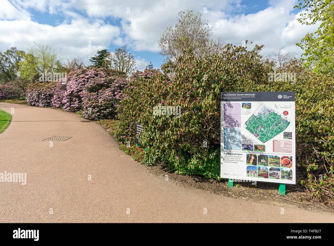 Information panel and flowers at the Inverleith Row entrance to The Royal Botanic Garden Edinburgh Scotland UK Stock Photo