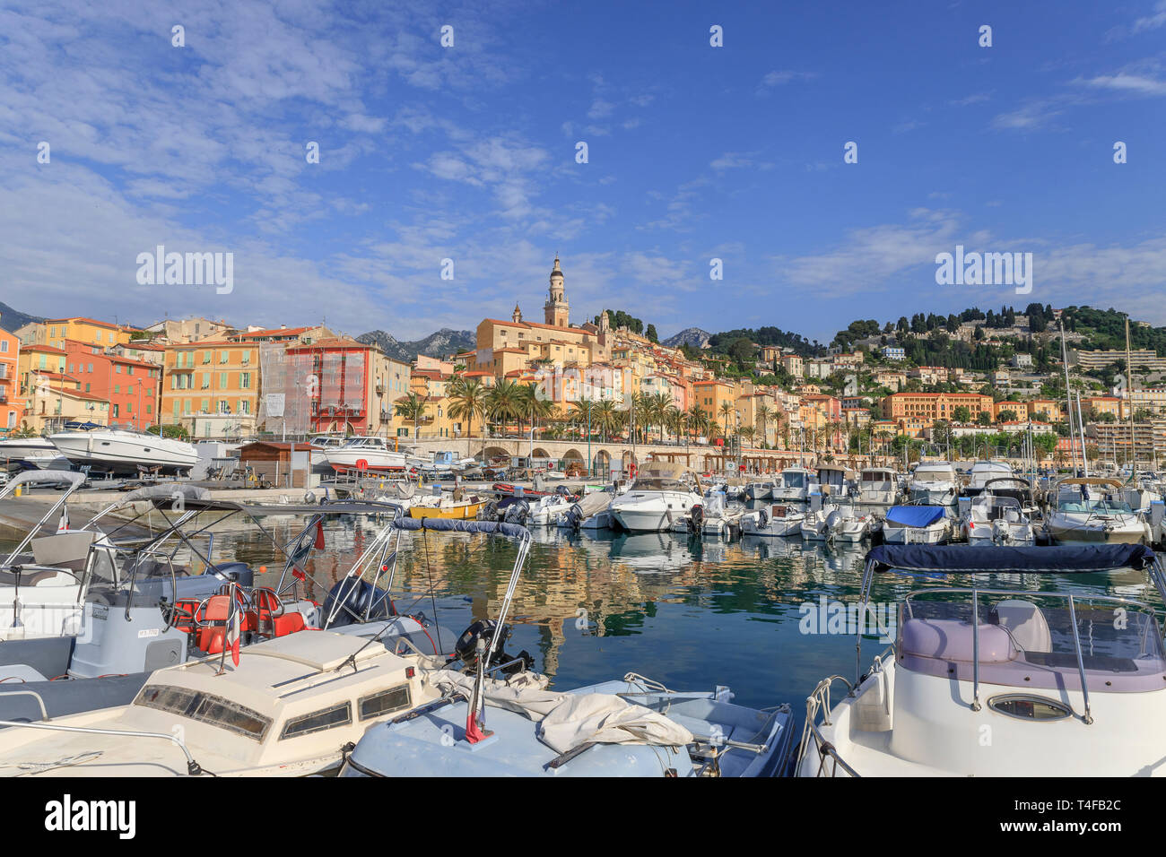 France, Alpes Maritimes, Menton, the port and the old town dominated by ...
