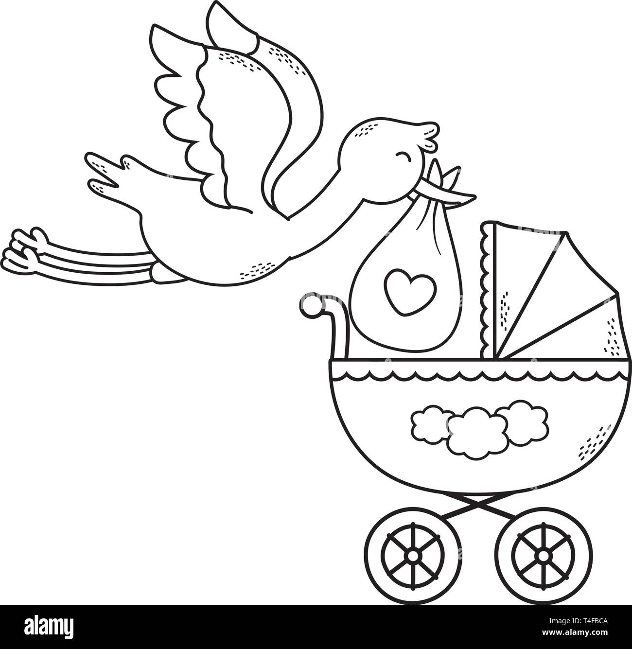 cute baby shower stork holding baby bag with carriage cartoon vector ...