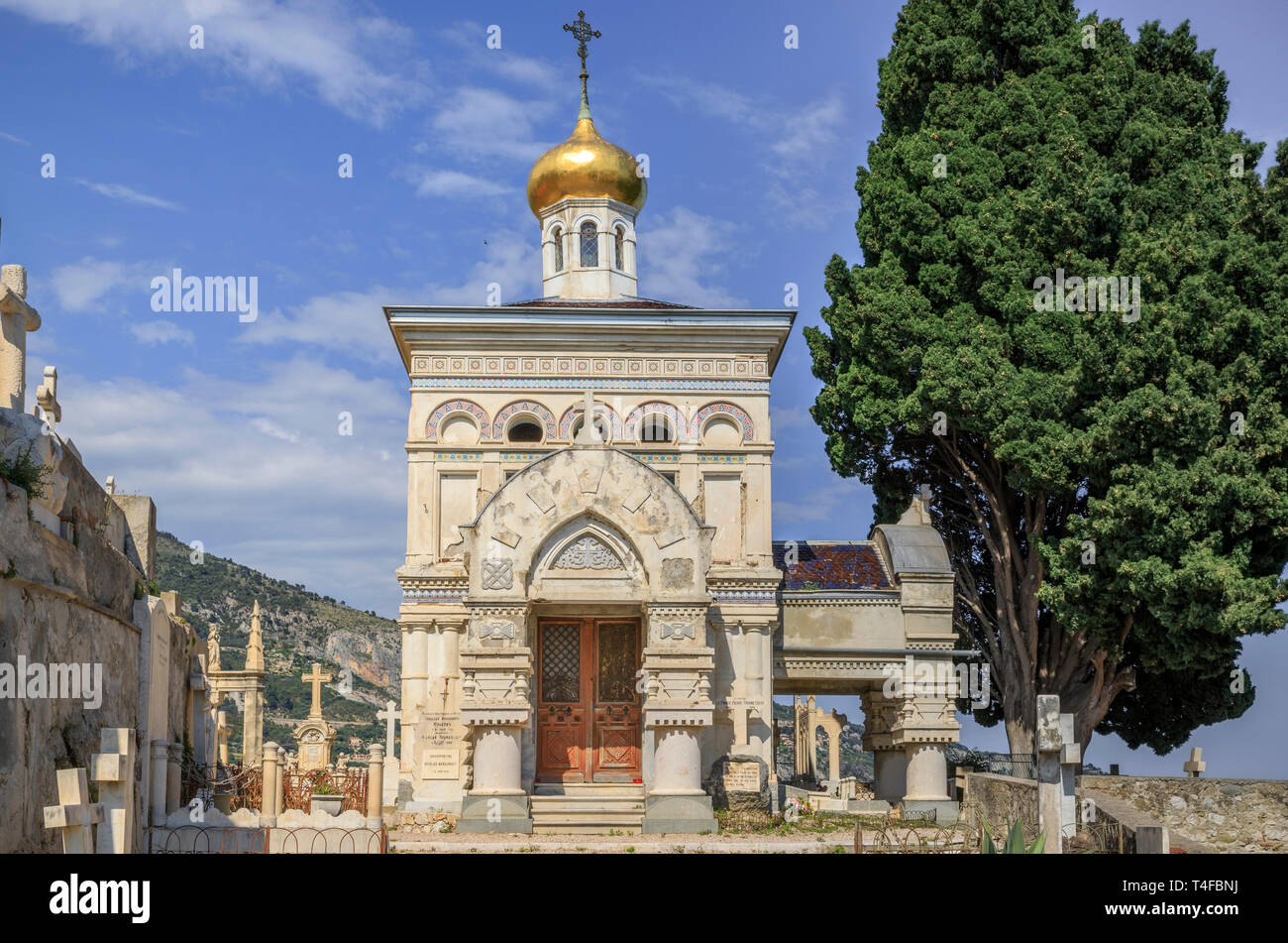 France, Alpes Maritimes, Menton, Russian cemetery, Orthodox chapel // France, Alpes-Maritimes (06), Menton, cimetière russe, chapelle orthodoxe Stock Photo