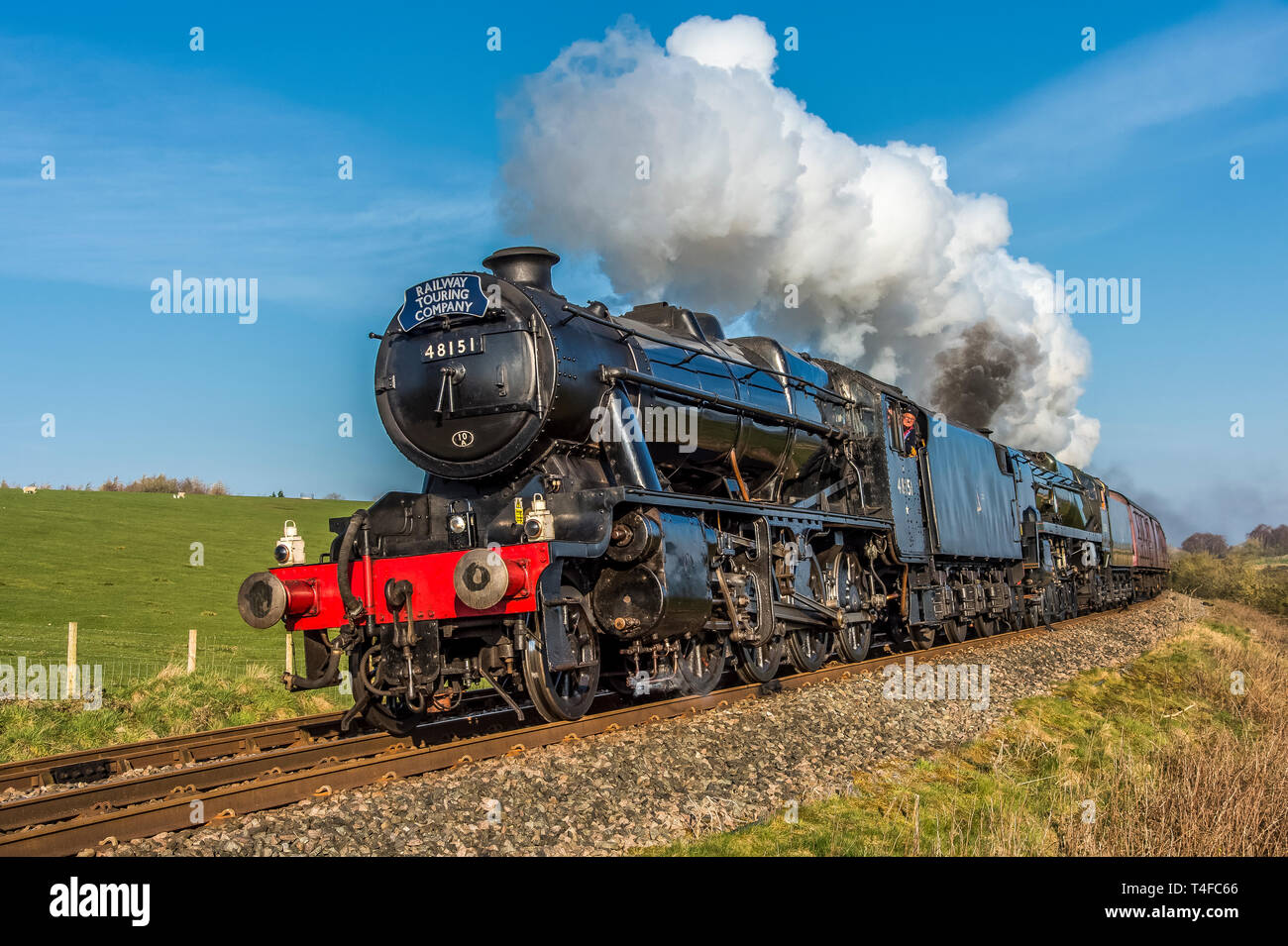 Double header steam train headed by a Black 5 48151 and the British