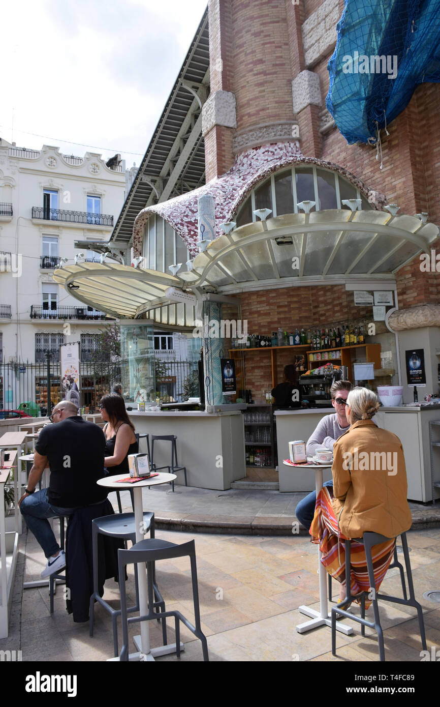 Bar outside Colon market, Valencia, Spain 2019. This iconic 1916 former market set in a grand modernist building is now a dining & shopping hub Stock Photo