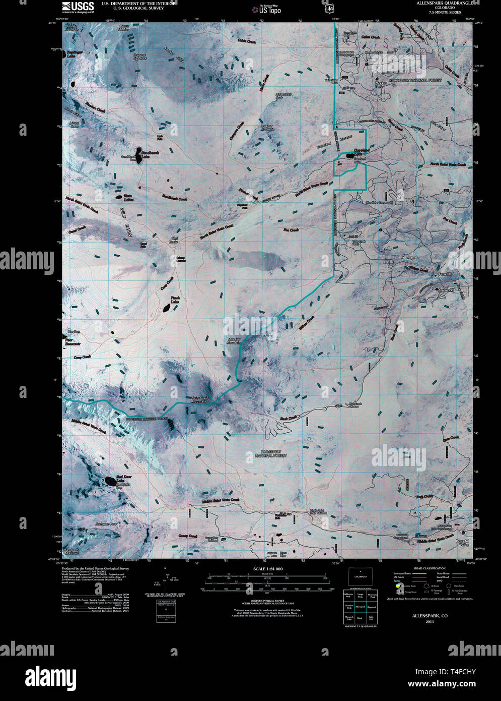 USGS TOPO Map Colorado CO Allenspark 20110105 TM Inverted Restoration Stock Photo