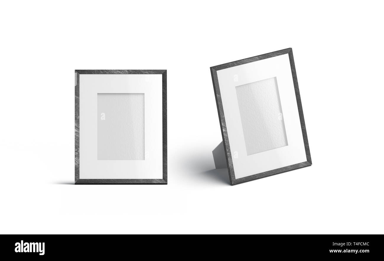 Empty vertical table photo frame front and side view mock up, isolated, 3d rendering. Blank past photography mockup. Clear family decor stand for portrait template. Stock Photo