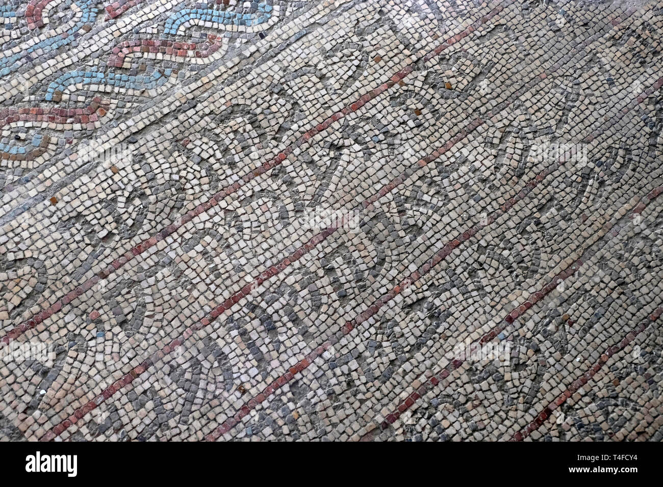 Detail of mosaic floor with Aramic inscription at the Shalom Al Yisrael Synagogue, dating to the late 6th or early 7th century CE. in the city of Jericho West bank Israel Stock Photo