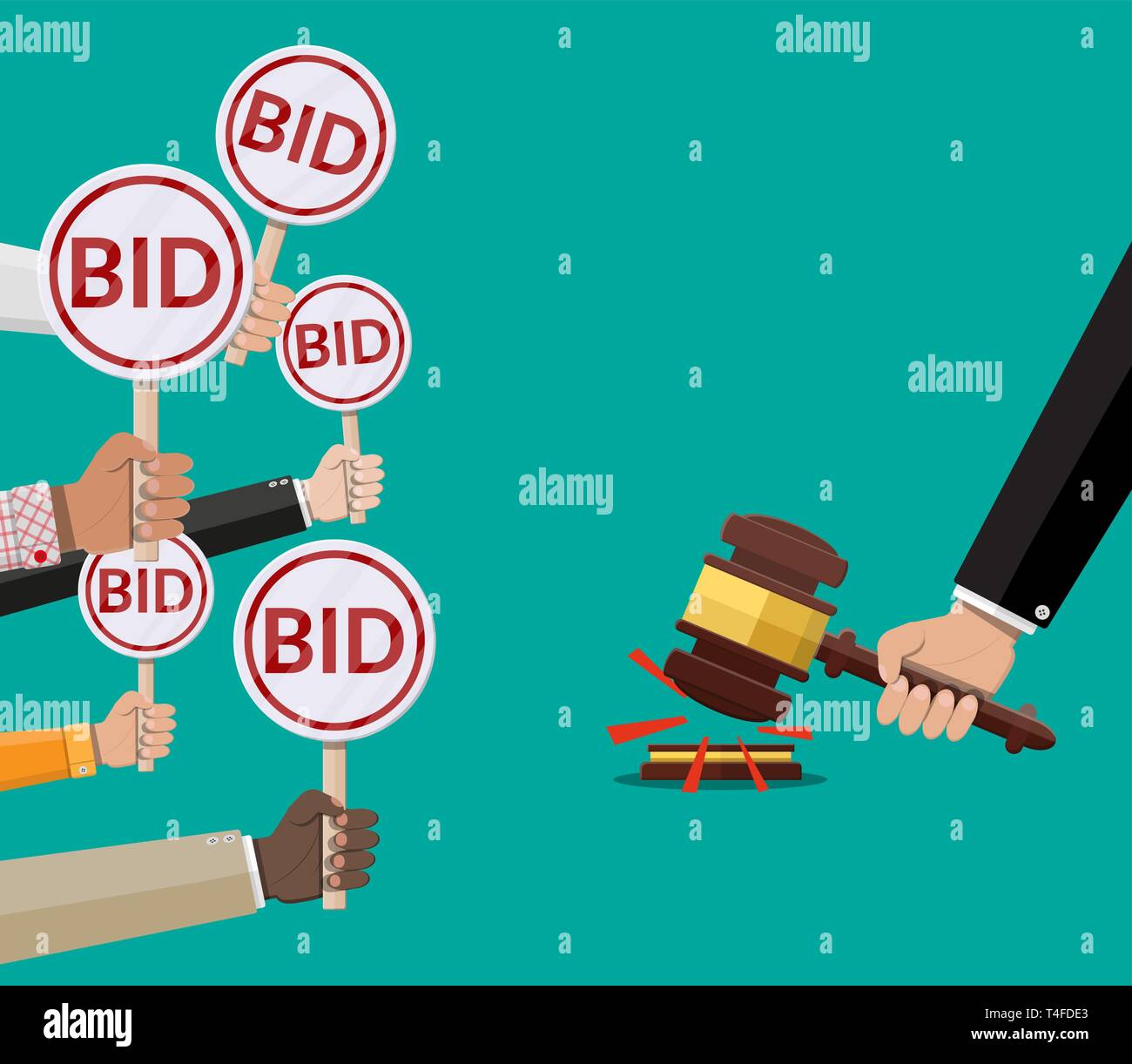 Hands holding auction paddle and hammer. Bid plate. Auction competition