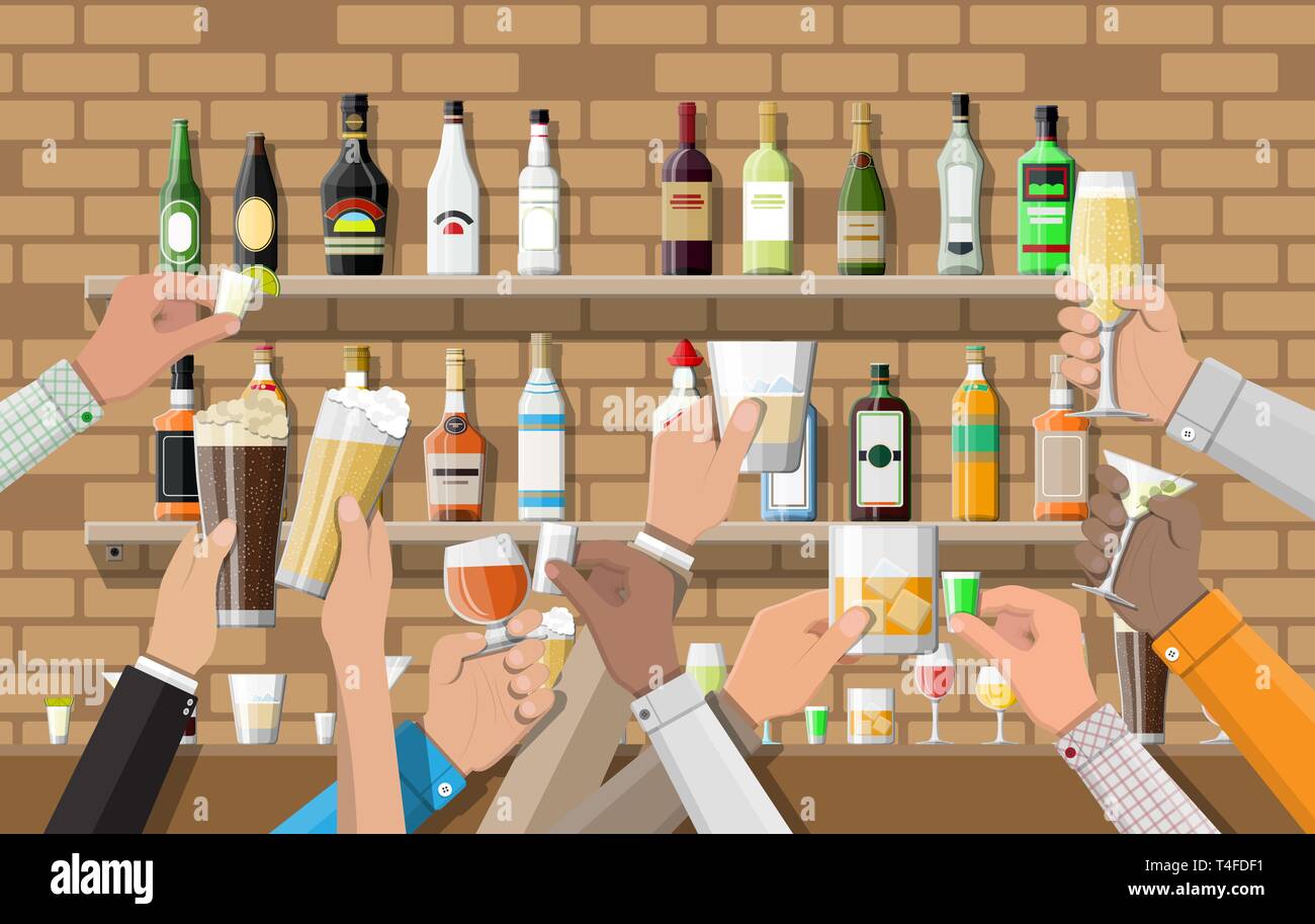 Hands group holding glasses with various drinks. Drinking establishment ...