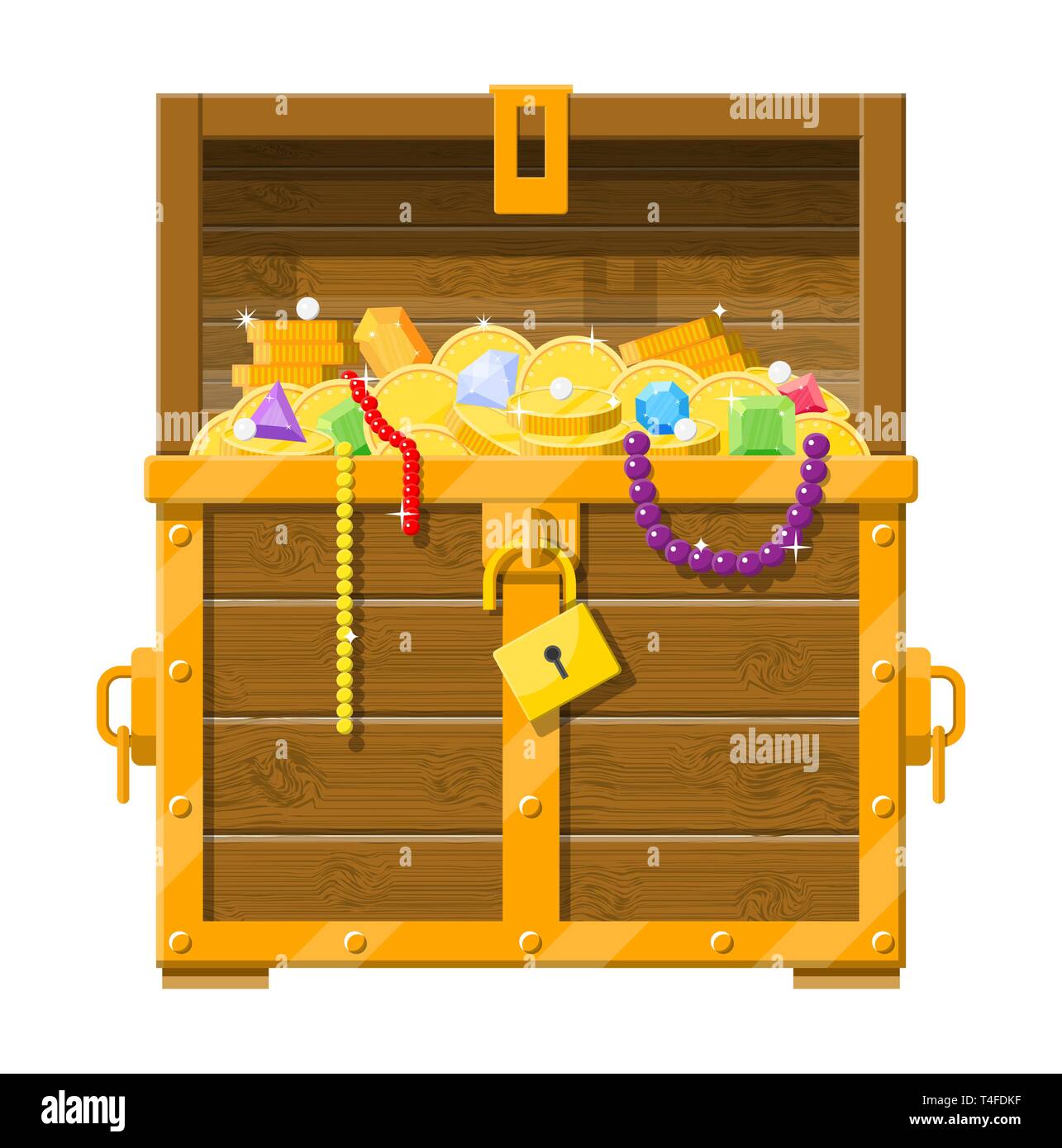 Opened chest with padlock. Chest full of gold coins, jewelry, gems. Wooden treasure box. Vector