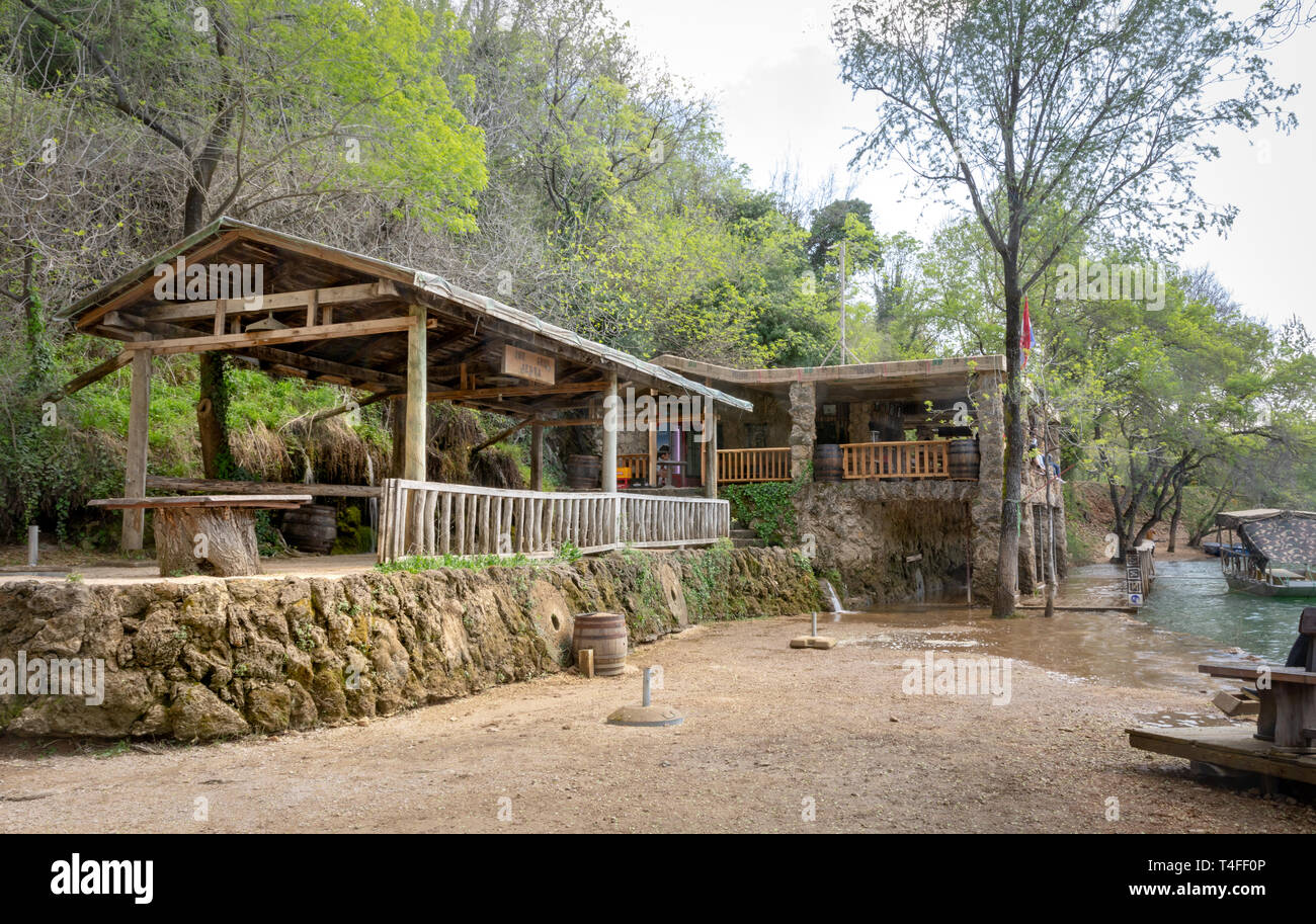 Bosnia and Herzegovina, april 2019: Grill and bar at Kravice waterfall by the Trebizat river Stock Photo