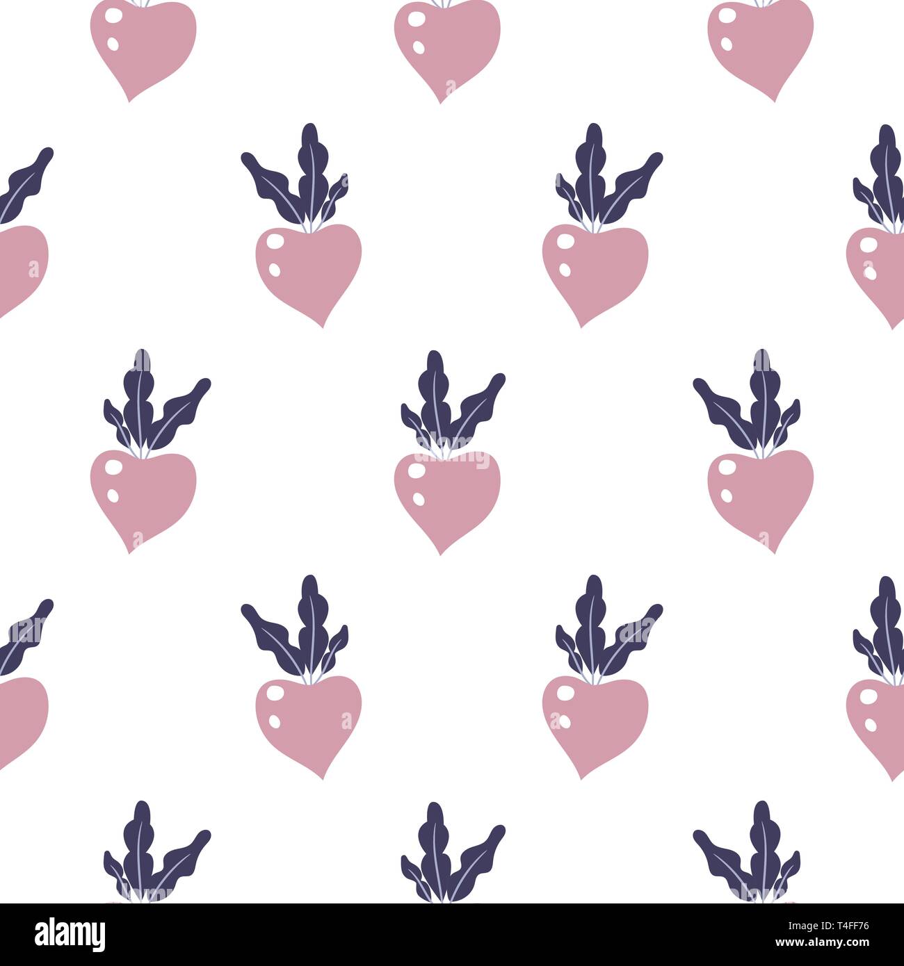 Beetroot seamless vector pattern on white background. Purple vegetable plants fabric textile print background. Stock Vector