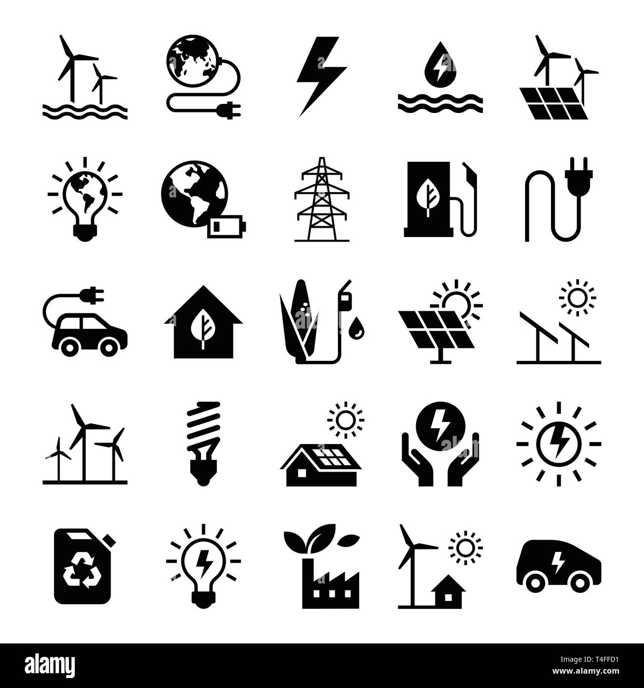 Monochrome illustrations of icons relating to the production and distribution of green energy, white background. Stock Vector