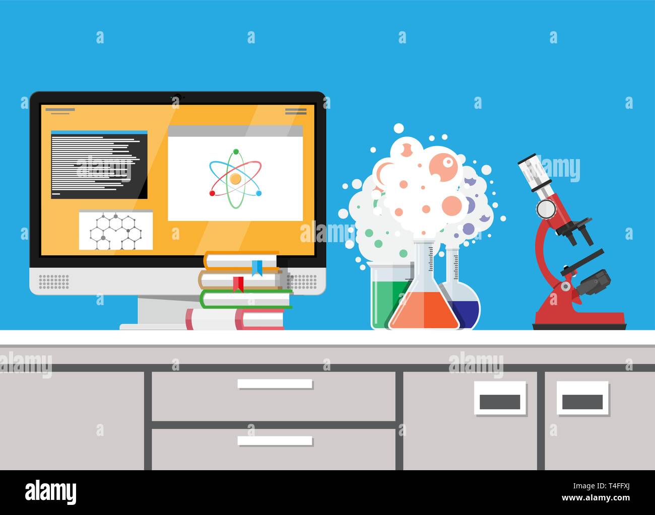 Laboratory equipment, jars, beakers, flasks, microscope and pile of ...