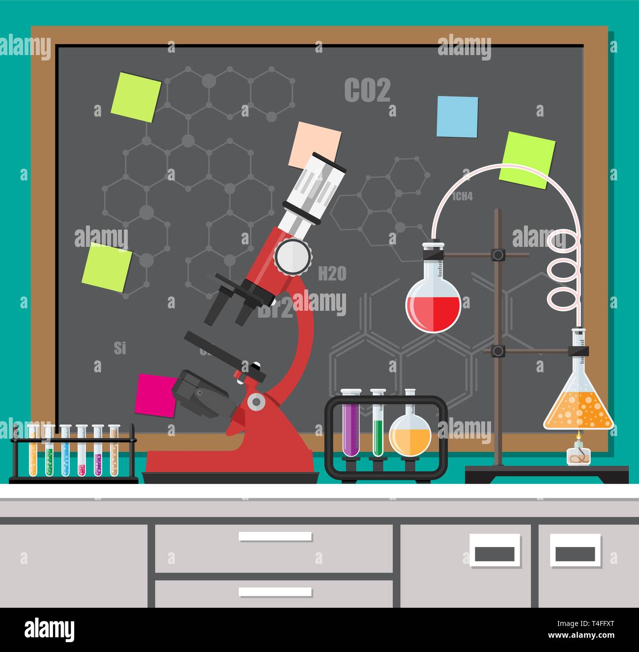 Science experiment in laboratory. Laboratory equipment, jars, beakers, flasks, microscope