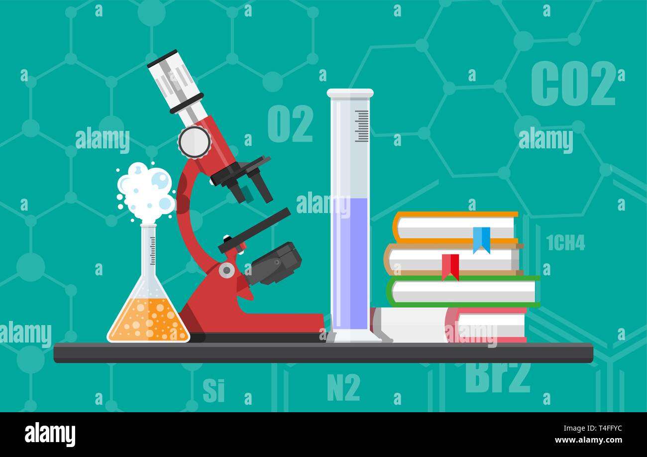 Laboratory equipment, jars, beakers, flasks, microscope and pile of books. Biology science