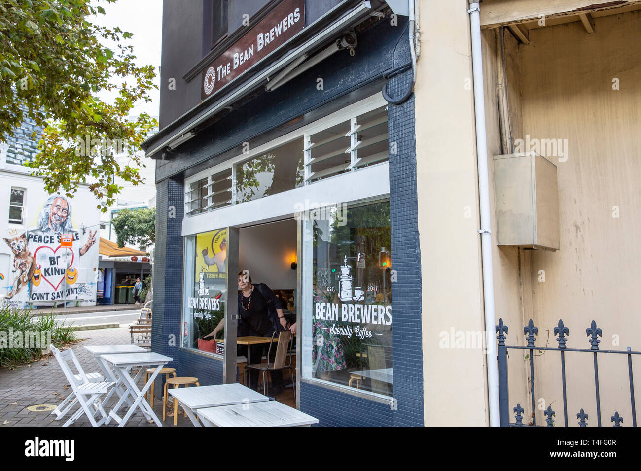 Bean Brewers coffee shop and cafe on a street corner in Chippendale, inner city suburb of Sydney,New South Wales,Australia Stock Photo